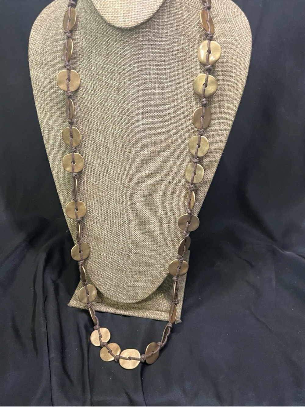Vtg Premier Designs Brushed Gold Brass Disc Long Necklace Coins on Cord 38-42”